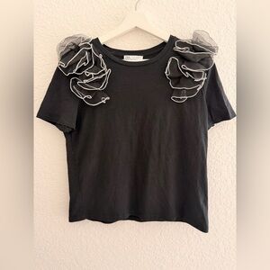 ZARA Black Chiffon Frill Shoulder T-Shirt | Statement Ruffle Sleeve Top